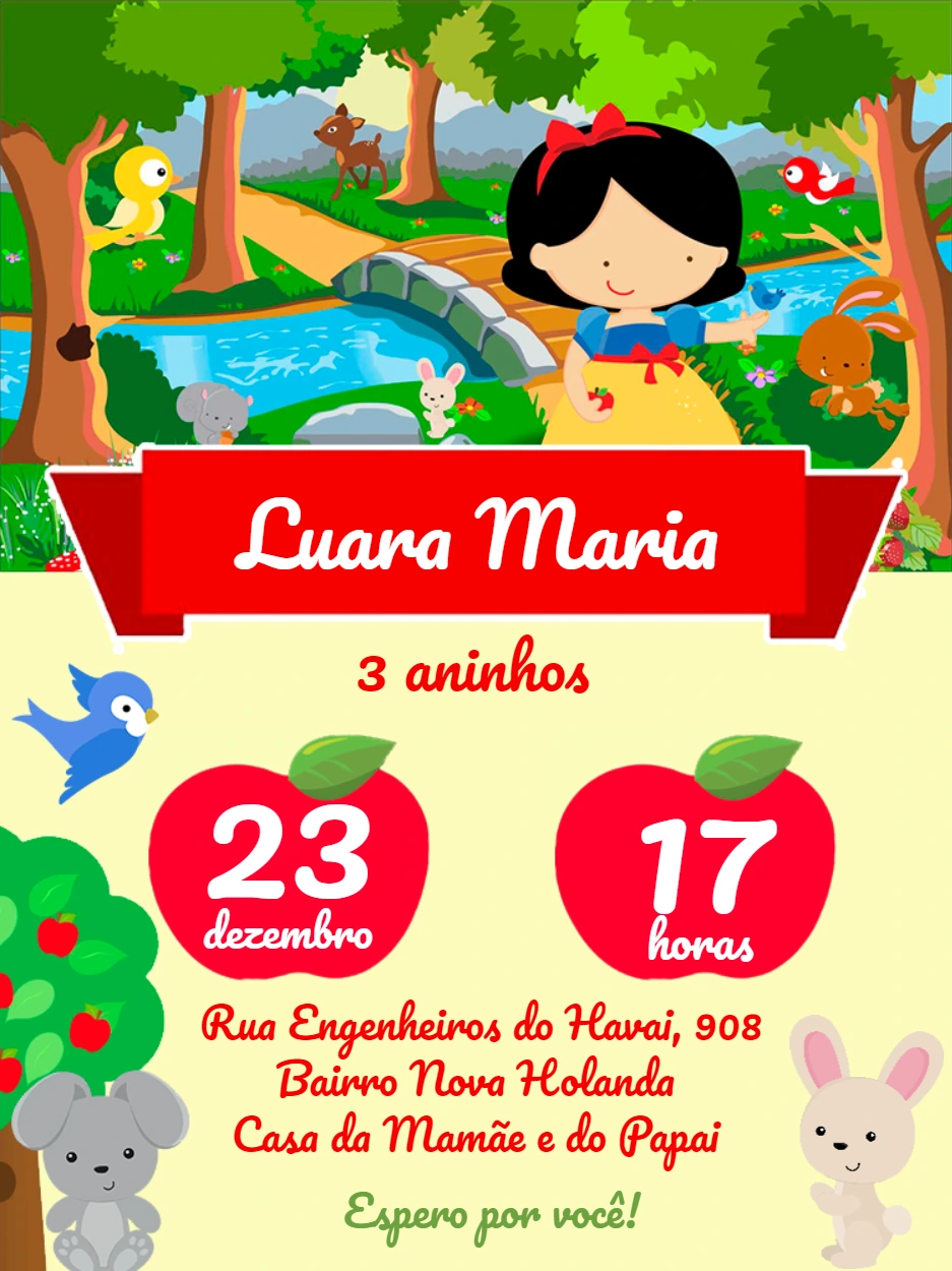 Convite Aniversário Branca de Neve Cute para Editar Online