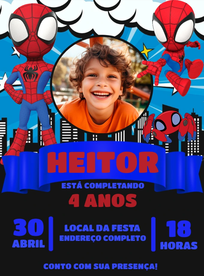 Convite de Aniversário Homem Aranha com Foto para Editar
