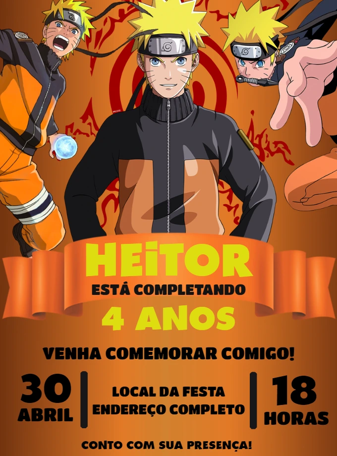 Convite de Aniversário Naruto para Editar e Imprimir Online