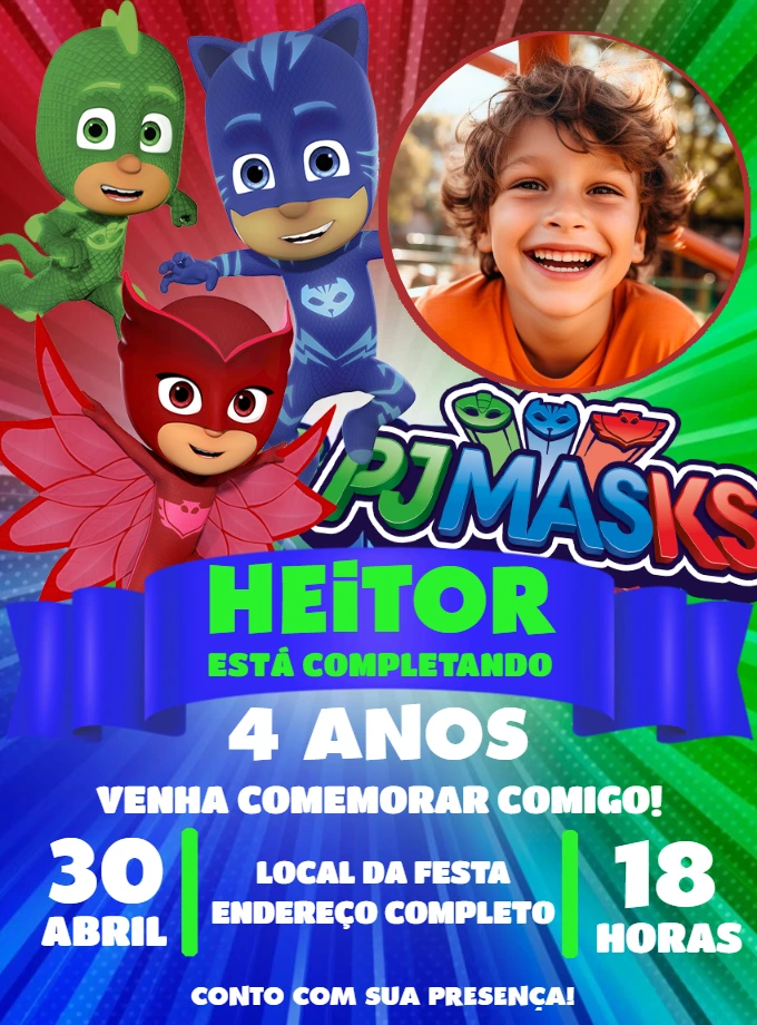 Convite Aniversário PJ Masks com Foto para Editar Online