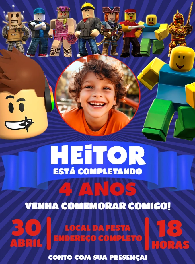 Convite de Aniversário Roblox com Foto para Editar Online
