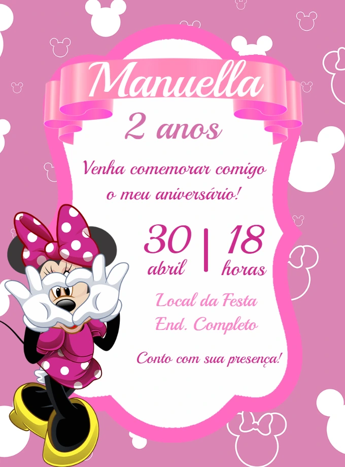 Convite de Aniversário Minnie Rosa para Editar Online