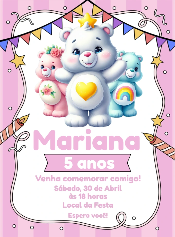 Convite Aniversário Ursinhos Carinhosos para Editar Online