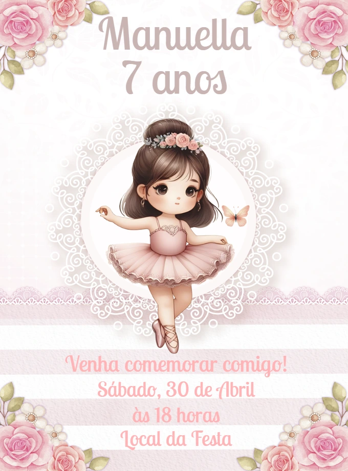Convite Aniversário Bailarina Delicada para Editar Online