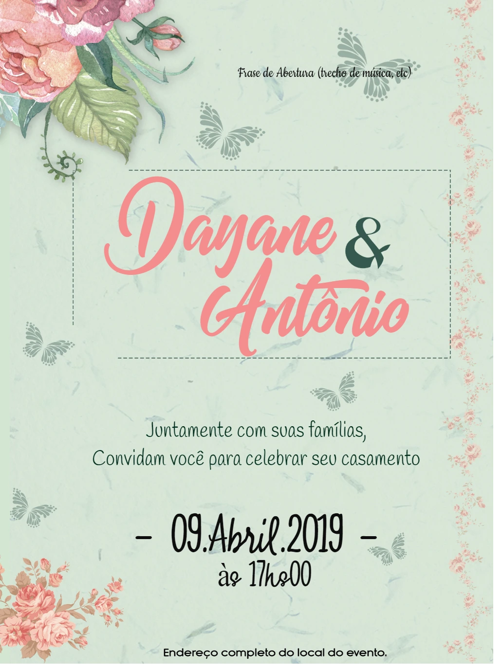 Convite de Casamento Floral com Borboletas para Editar Online