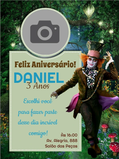 Convite Aniversário Alice no País das Maravilhas com Foto para Editar