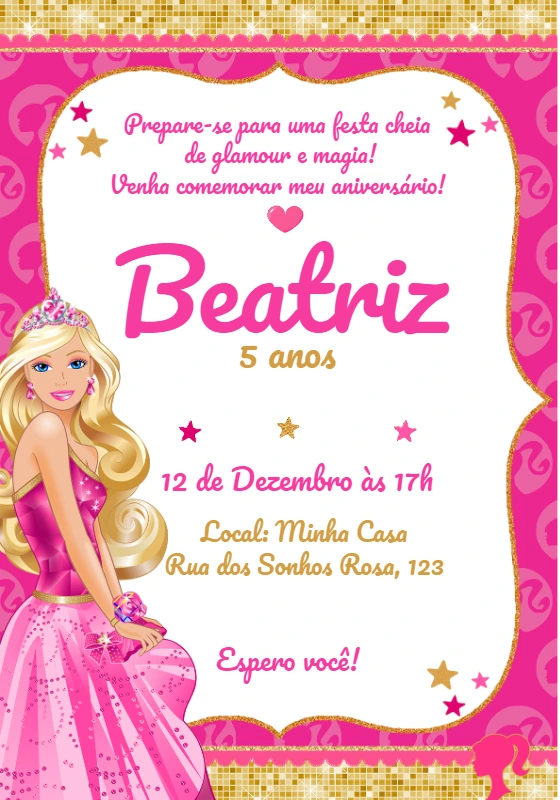 Convite de Aniversário Barbie Rosa e Dourado para Editar Online