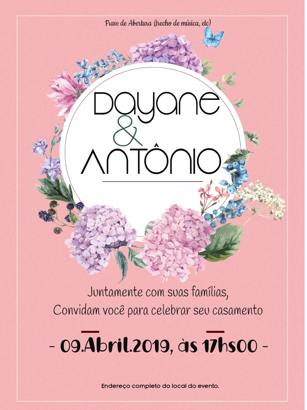 Convite de Casamento Floral com Hortênsias para Editar Online