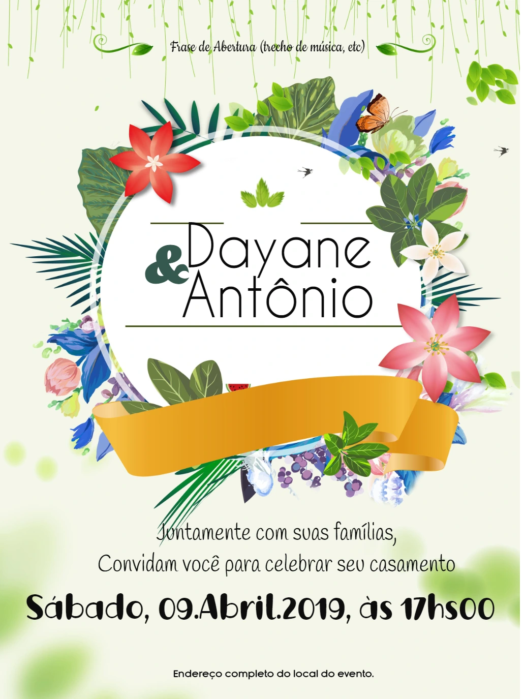 Convite de Casamento Floral com Moldura para Editar Online