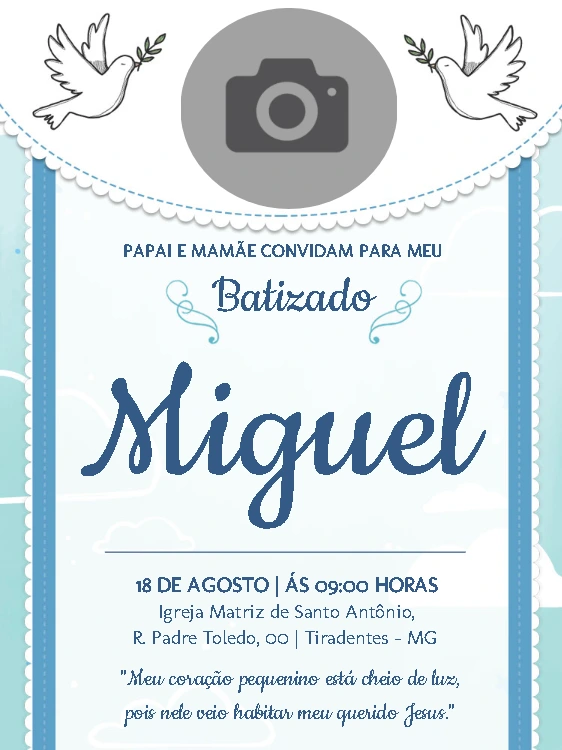 Convite de Batizado Azul com Foto para Editar Online