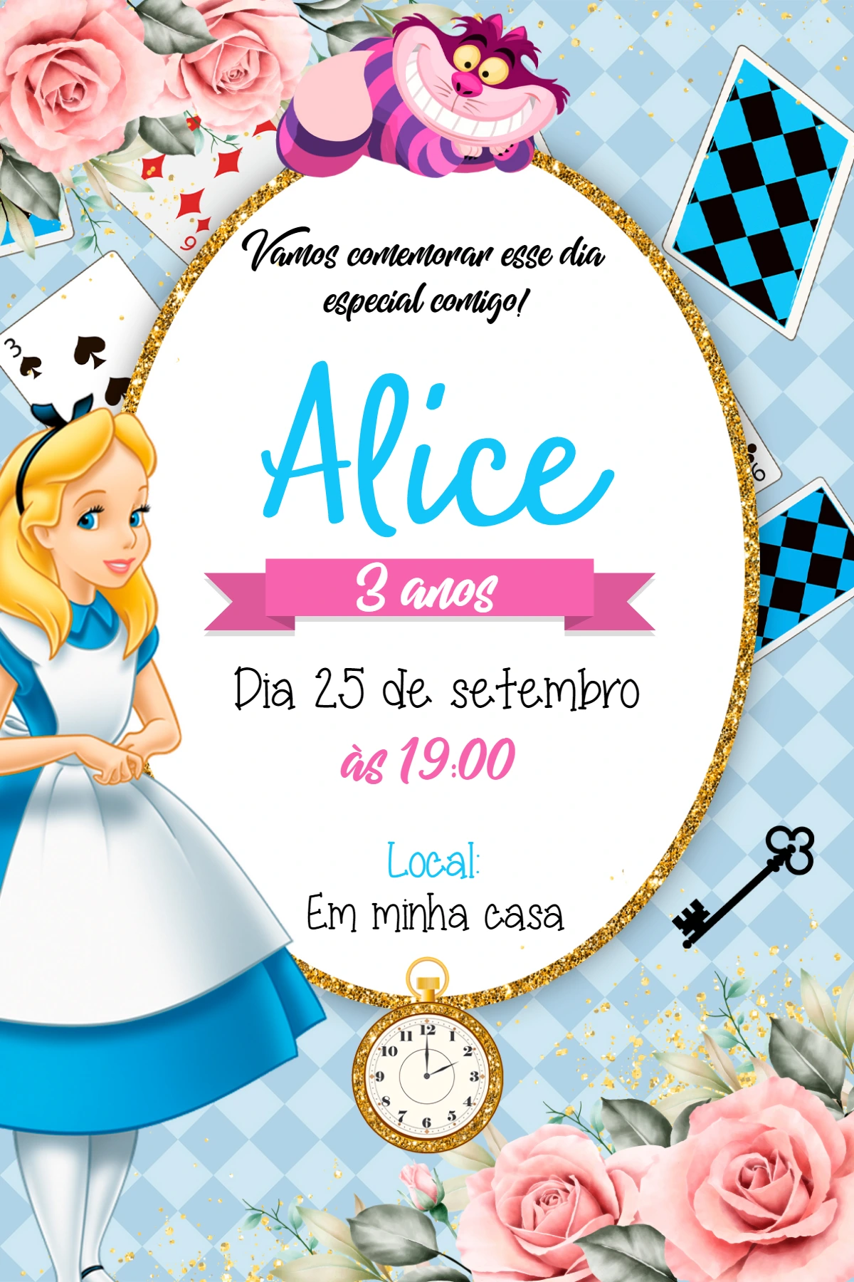 Convite Aniversário Alice no País das Maravilhas para Editar