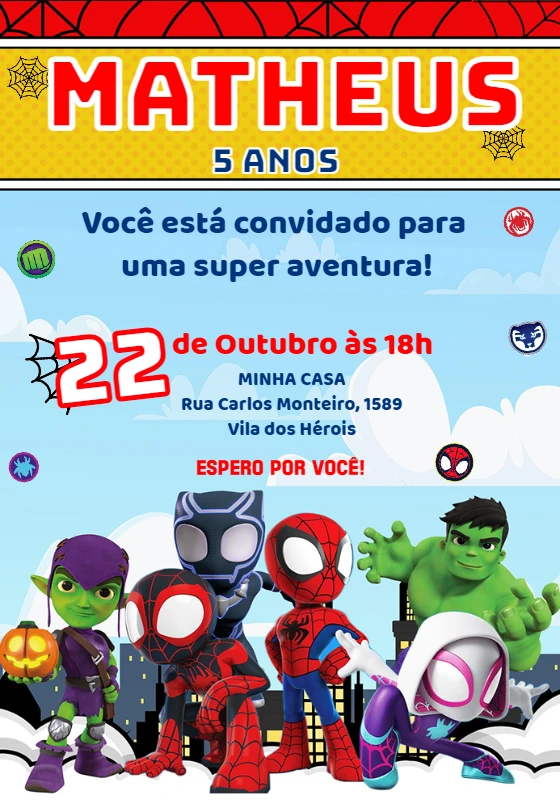 Convite Aniversário Spidey e Seus Amigos para Editar Online