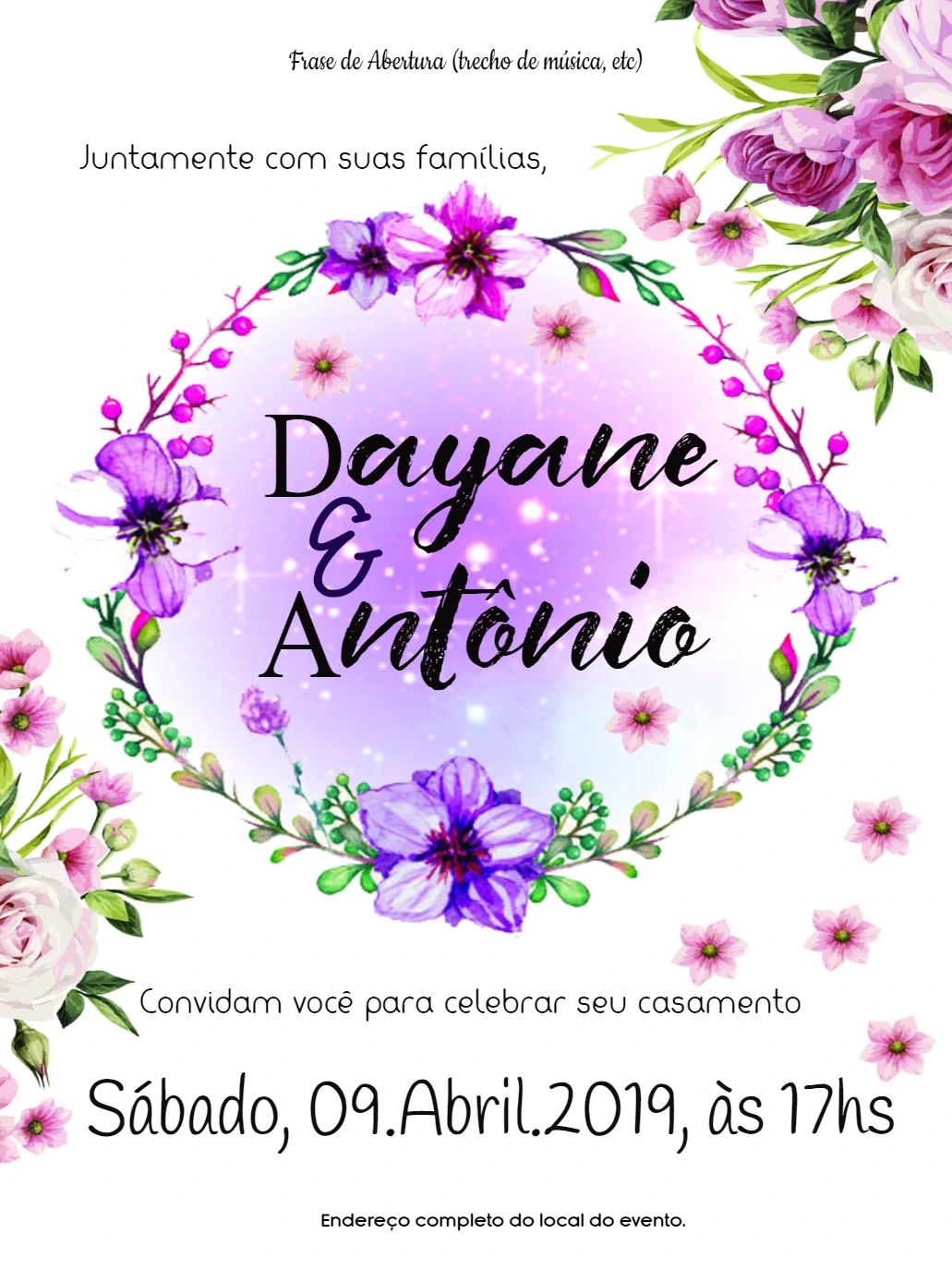 Convite de Casamento Floral Roxo para Editar Online