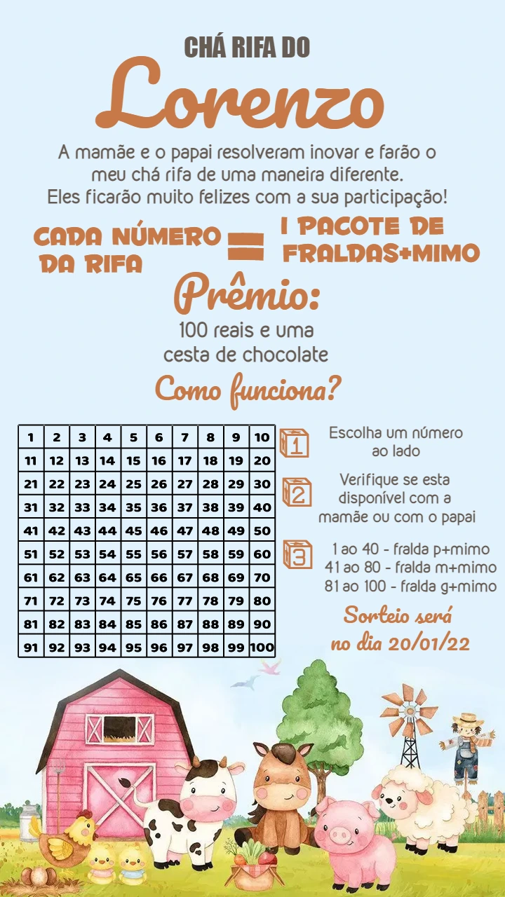 Convite Chá Rifa Fazendinha Aquarela para Editar Online