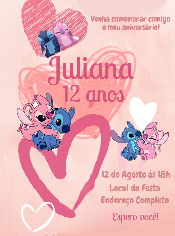 Convite de Aniversário Stitch e Angel para Editar Online