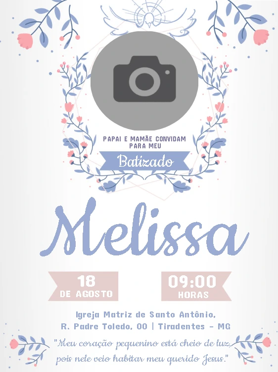 Convite de Batizado com Foto Floral para Editar Online