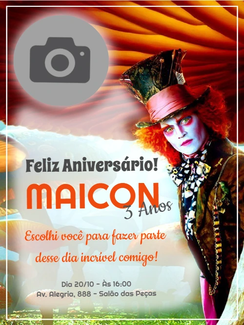 Convite Aniversário Alice no País das Maravilhas com Foto para Editar