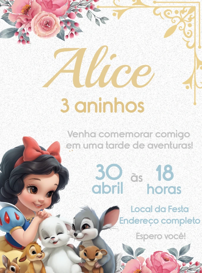 Convite Aniversário Branca de Neve e Animais para Editar Online