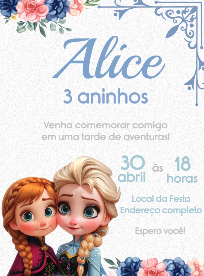 Convite de Aniversário Frozen com as Irmãs para Editar Online