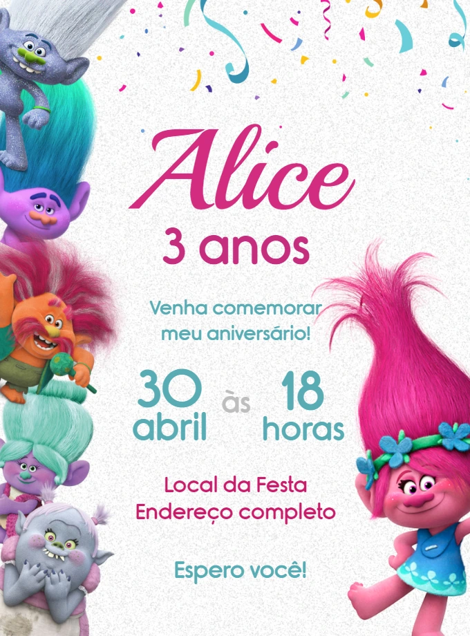 Convite de Aniversário Trolls com Personagens para Editar Online