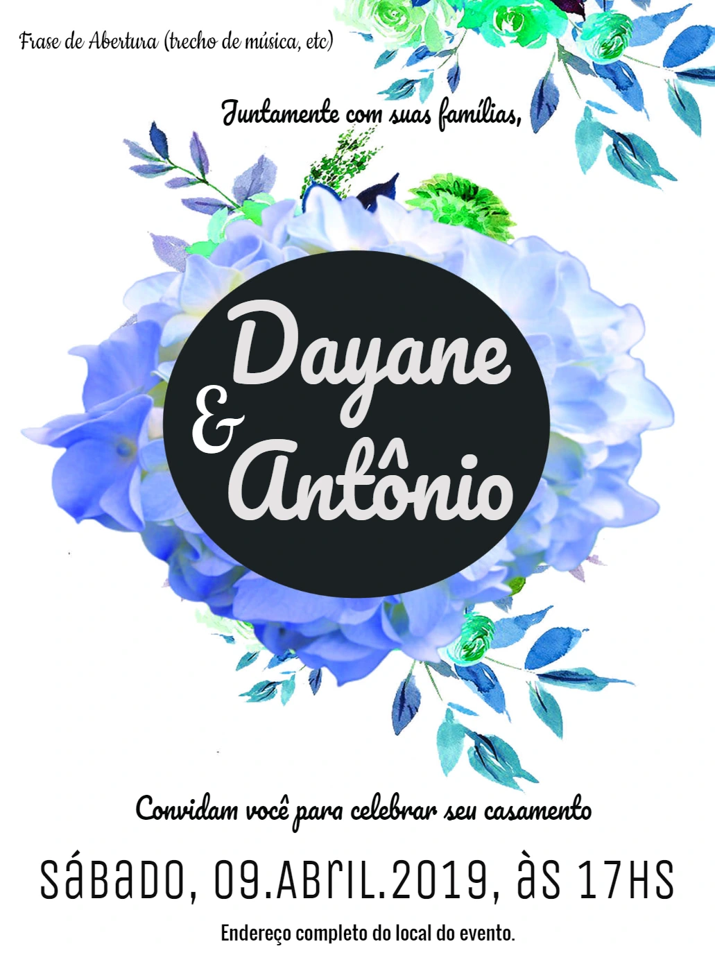 Convite de Casamento Floral Azul Aquarela para Editar Online