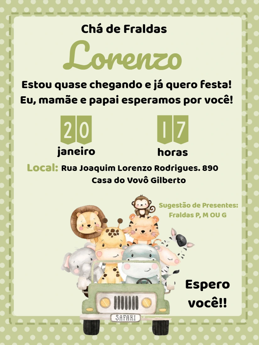 Convite Chá de Fraldas Safari com Animais Fofos para Editar