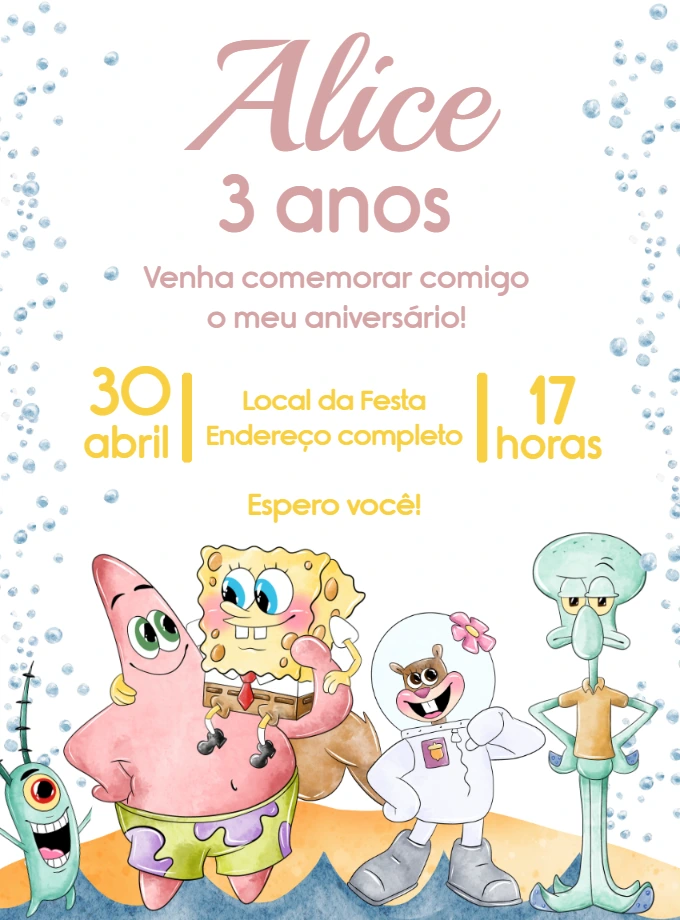 Convite Aniversário Bob Esponja Aquarela para Editar Online