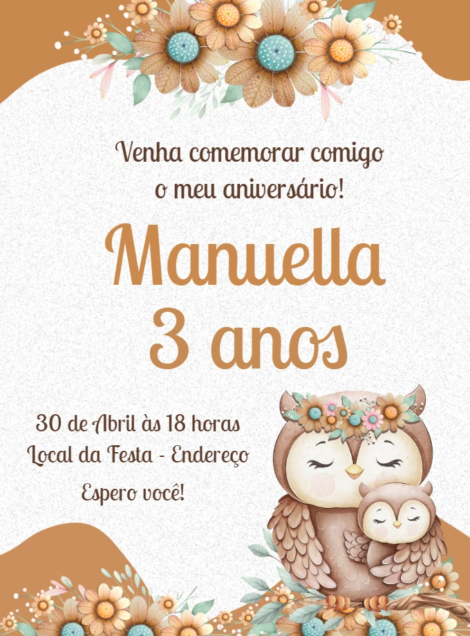 Convite Aniversário Corujinhas Fofas para Editar Online