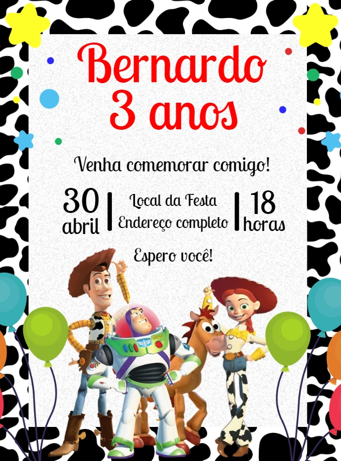 Convite de Aniversário Toy Story com Personagens para Editar
