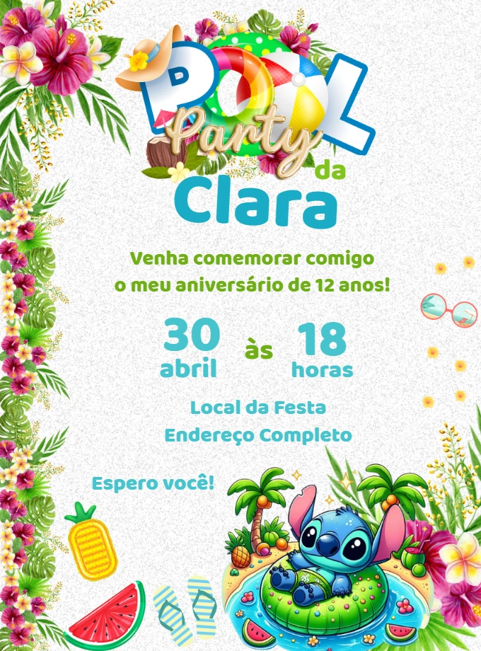 Convite Aniversário Pool Party Stitch para Editar Online