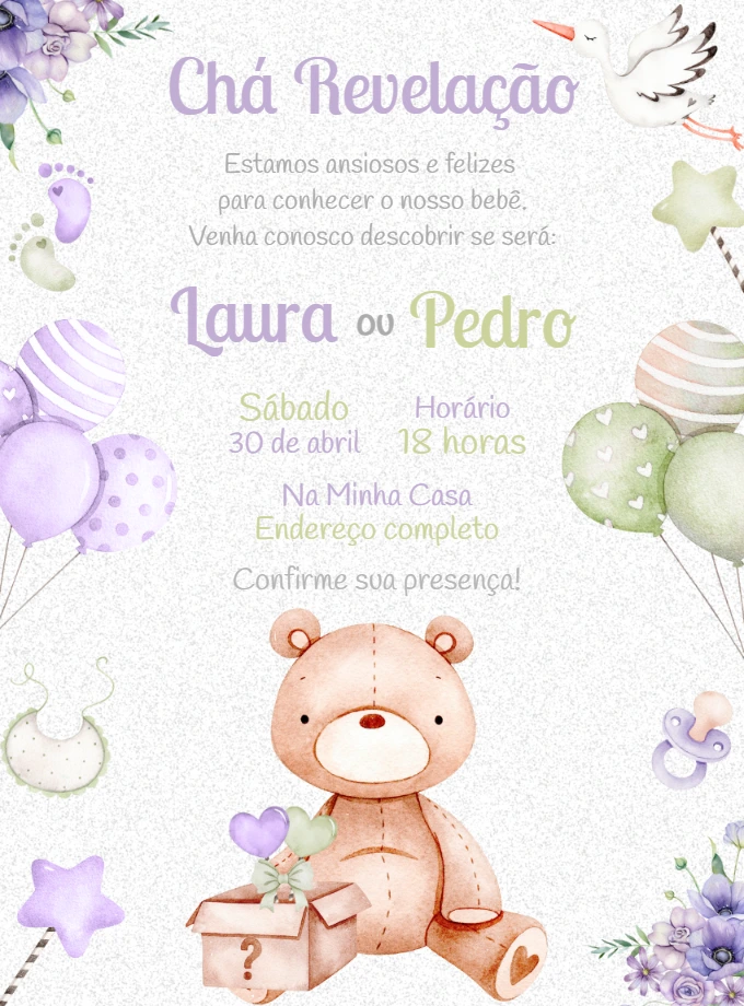 Convite Chá Revelação Ursinho Fofo para Editar Online