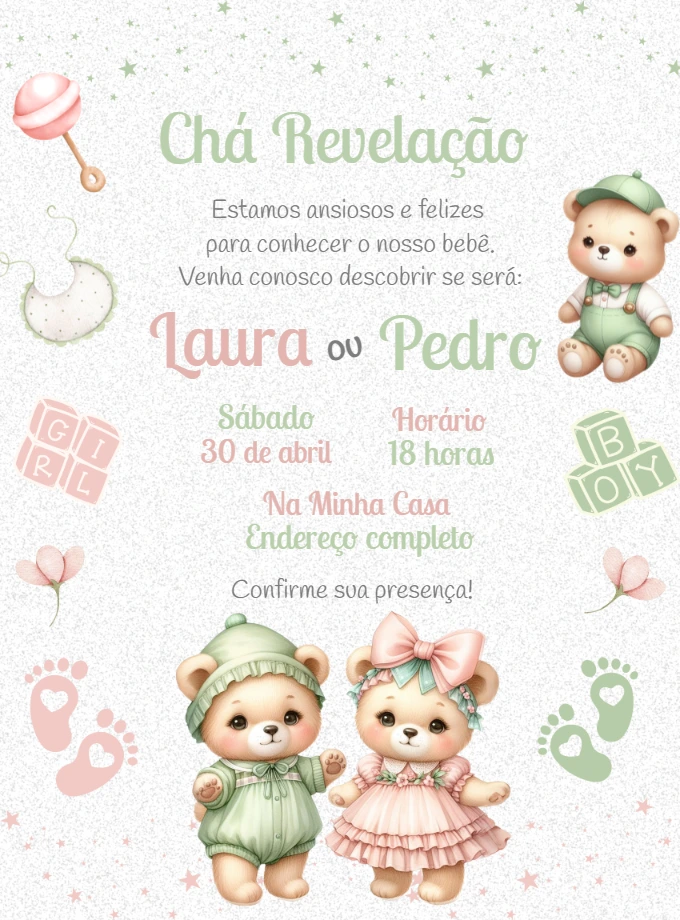 Convite Chá Revelação Ursinhos para Editar Online