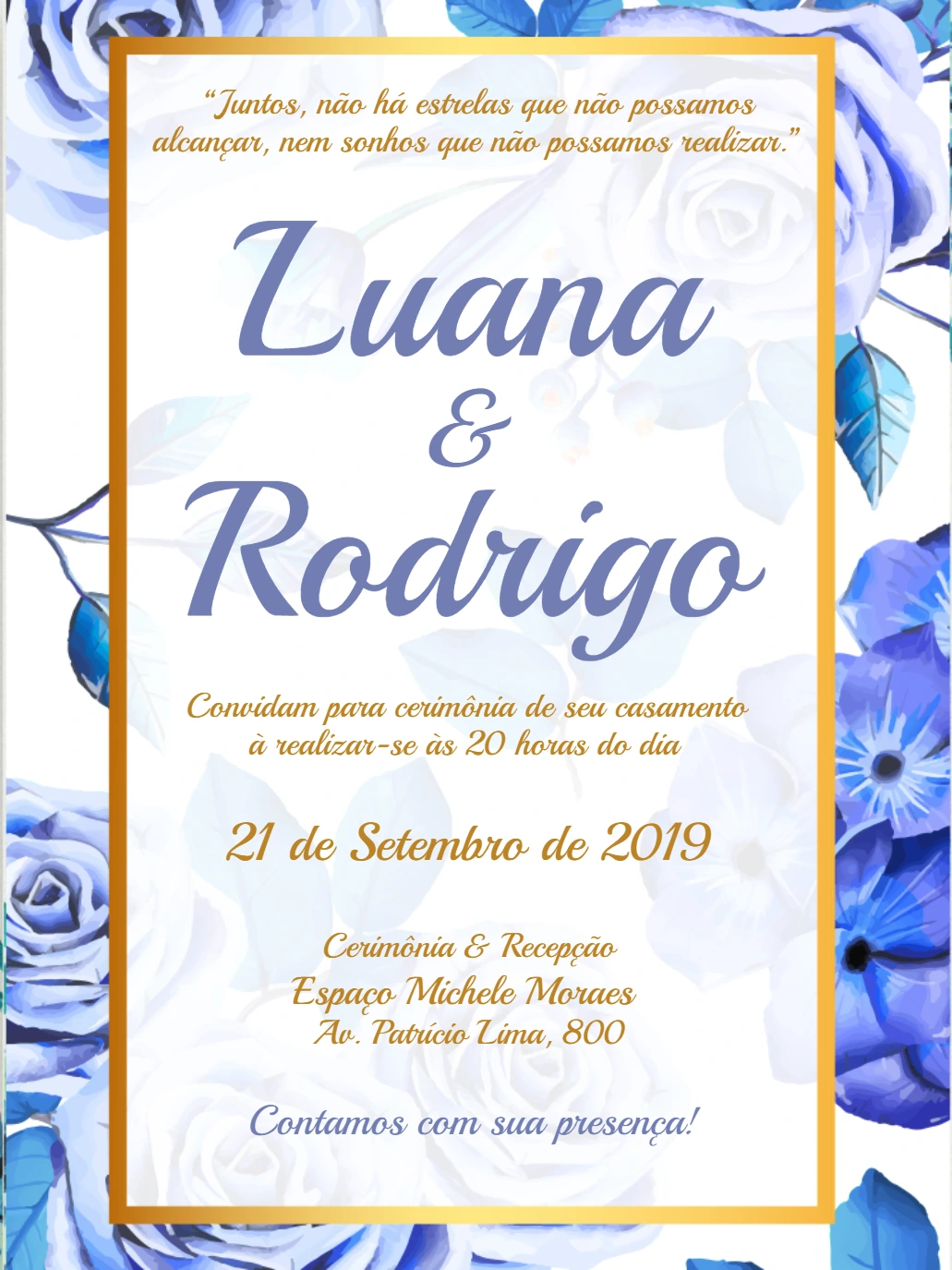 Convite de Casamento Floral Azul e Branco para Editar Online