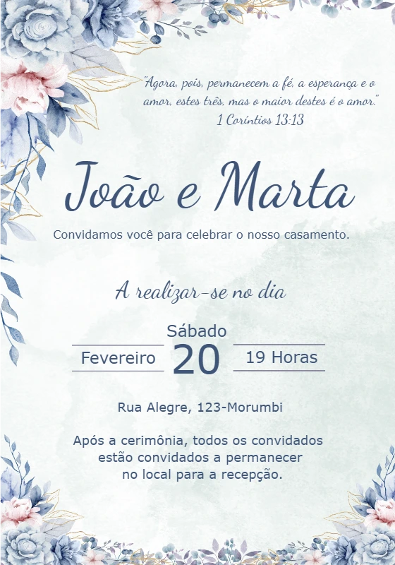 Convite de Casamento Floral Azul para Editar Online