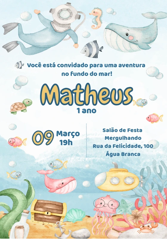 Convite Aniversário Fundo do Mar Aquarela para Editar Online