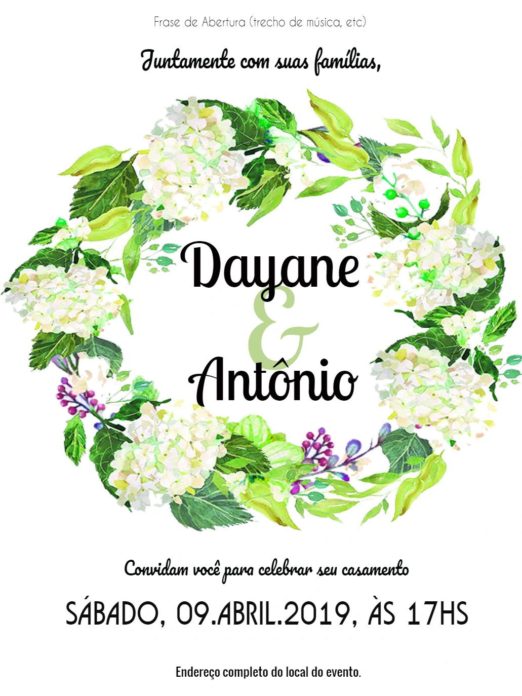 Convite de Casamento Floral com Hortênsias para Editar Online