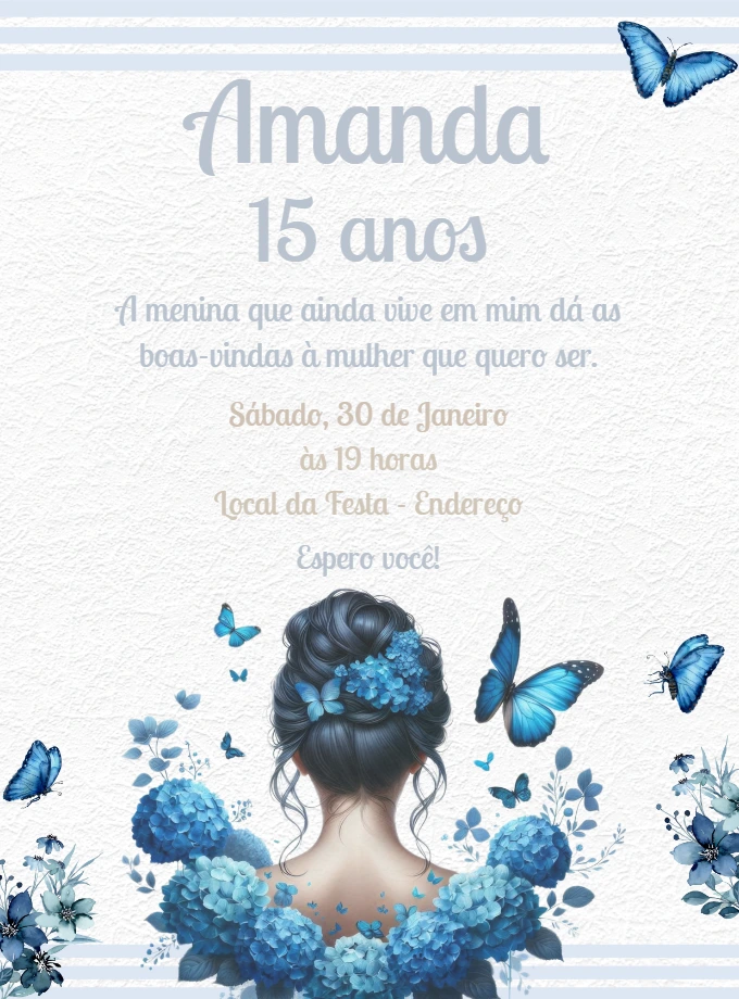 Convite 15 Anos Borboletas Azuis para Editar Online