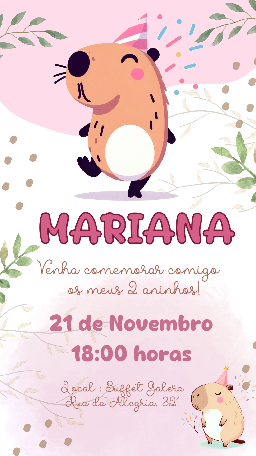 Convite Aniversário Capivara Fofa para Editar Online