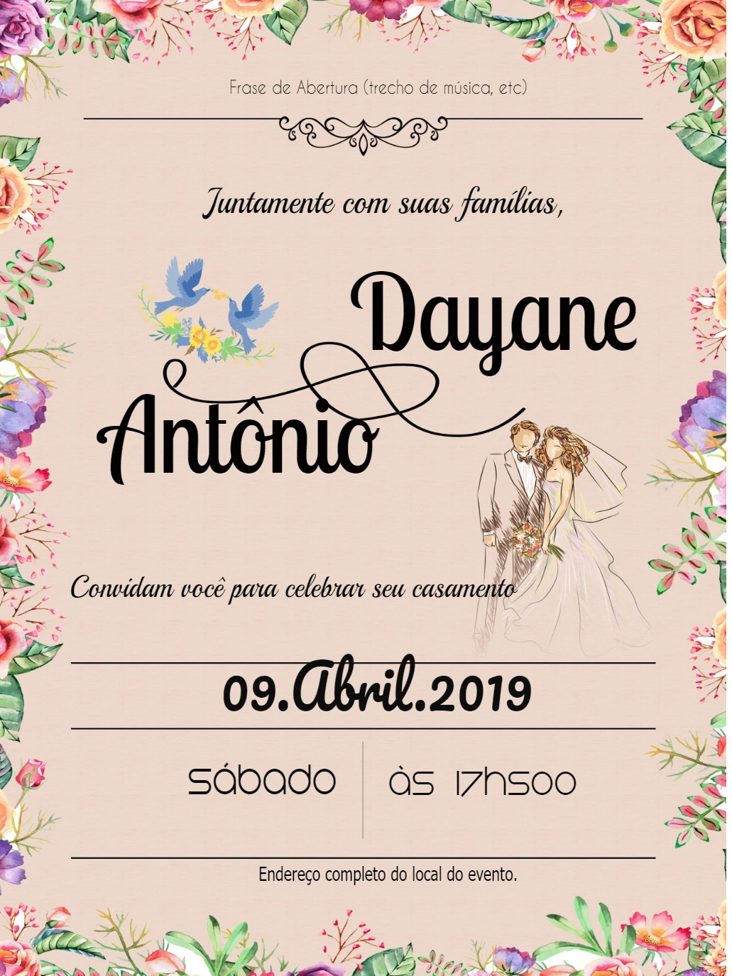 Convite de Casamento Floral com Aquarela para Editar Online