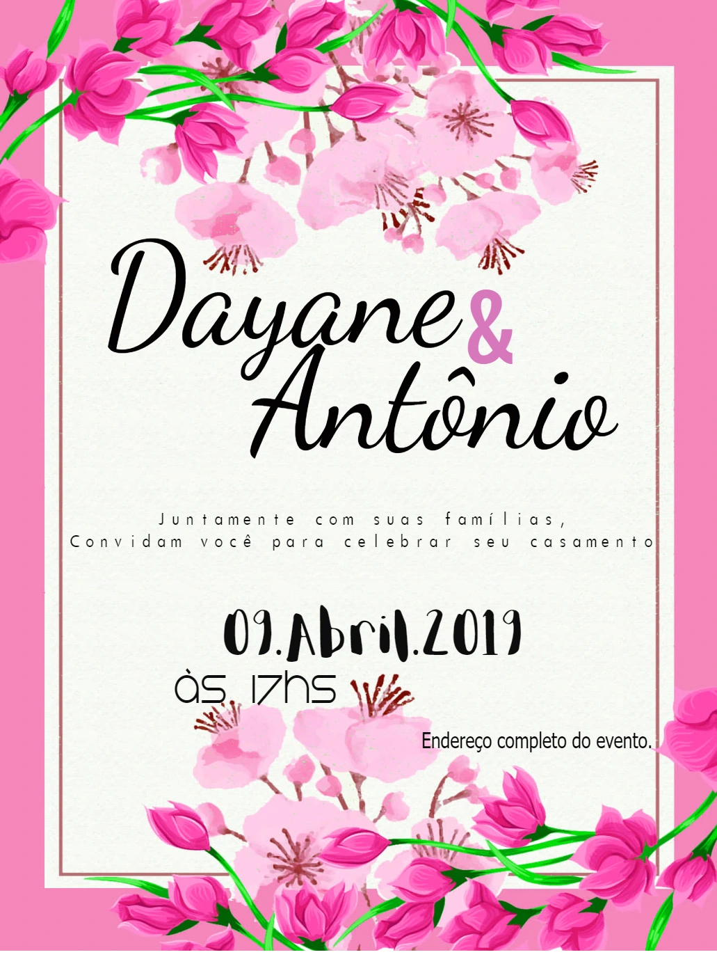 Convite de Casamento Floral Cerejeira para Editar Online