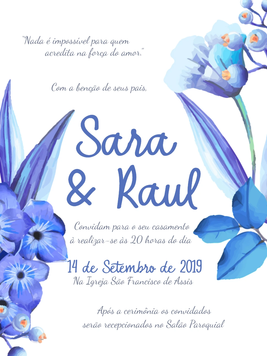 Convite de Casamento Floral Azul e Branco para Editar Online