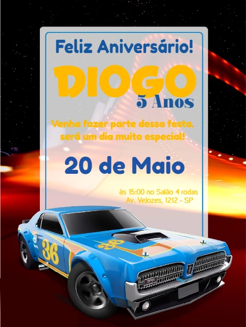 Convite de Aniversário Carros de Corrida para Editar Online