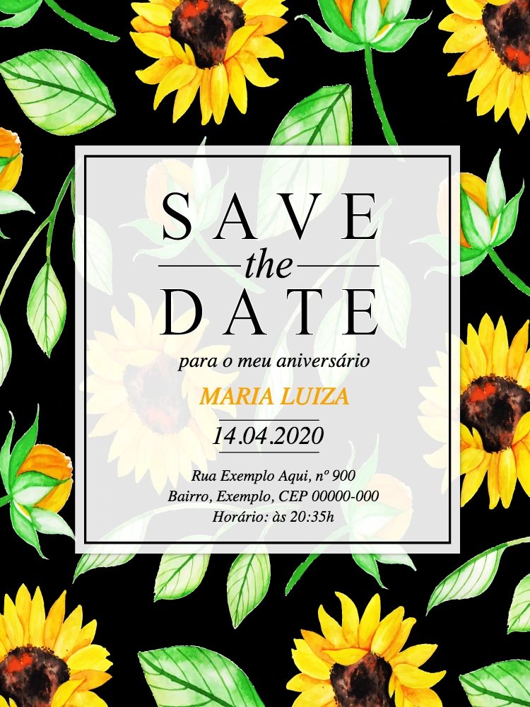Save the Date Aniversário Girassol para Editar Online