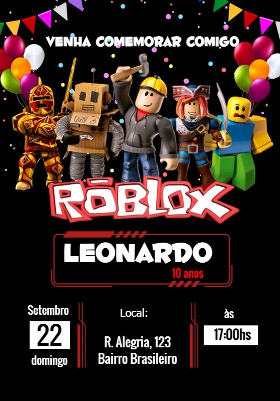 Convite Aniversário Roblox com Personagens para Editar Online