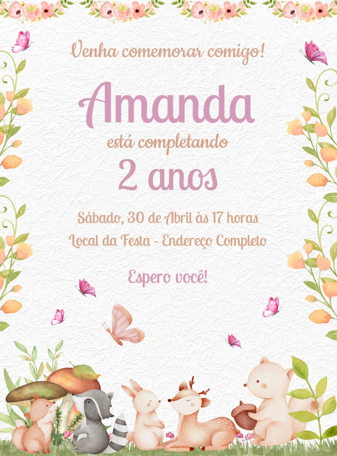 Convite Aniversário Animais da Floresta para Editar Online