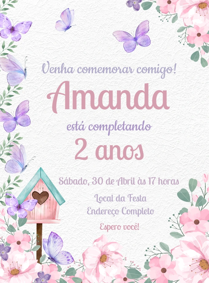 Convite Aniversário Jardim das Borboletas para Editar Online