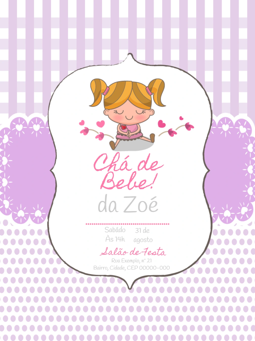 Convite Chá de Bebê Menina Delicada para Editar Online