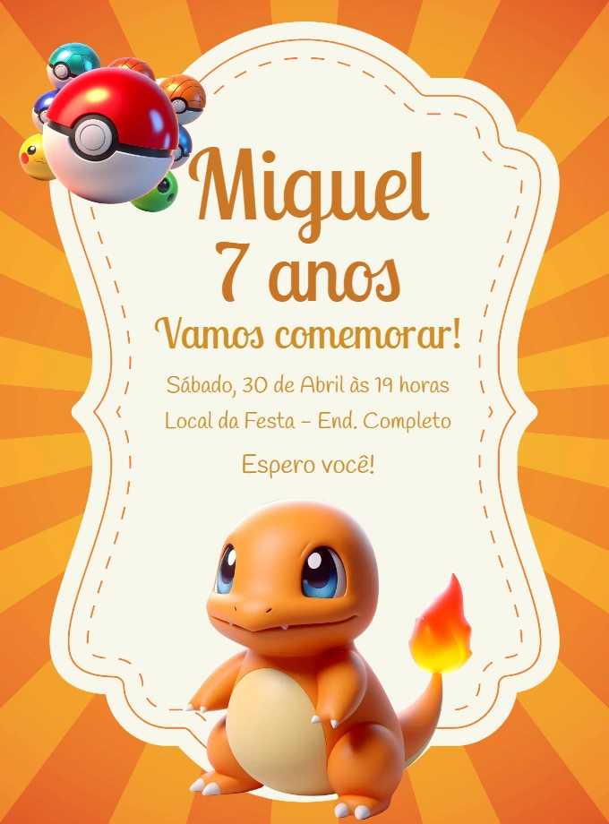 Convite Aniversário Pokémon Charmander para Editar Online