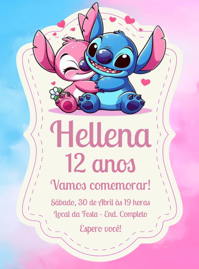 Convite de Aniversário Stitch e Angel para Editar Online