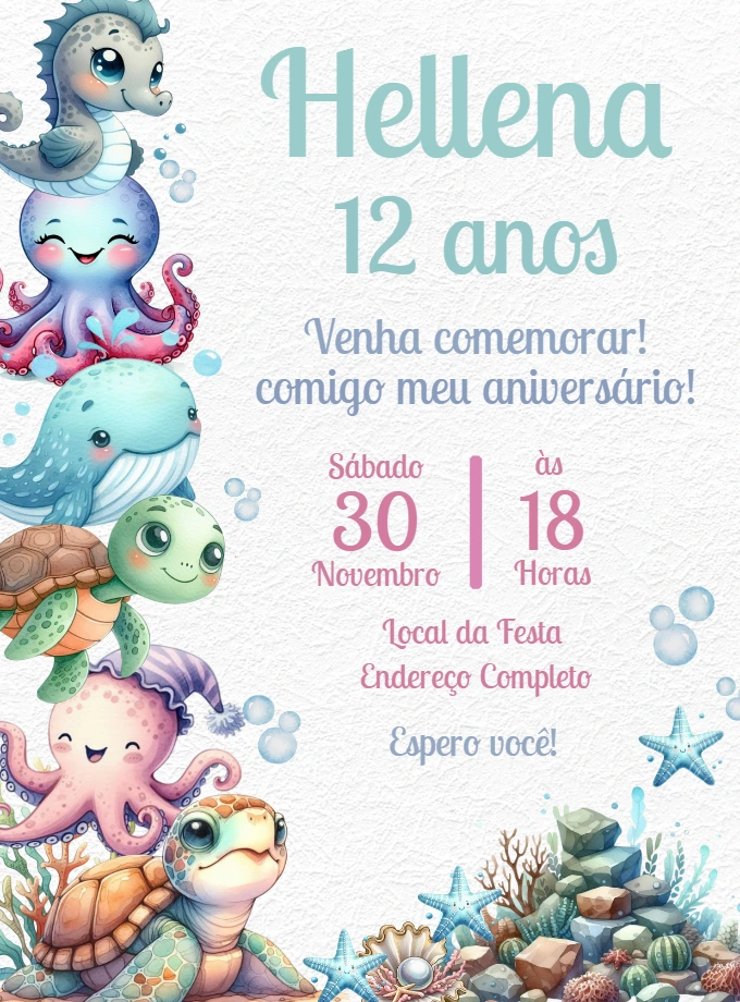 Convite Aniversário Fundo do Mar com Animais para Editar Online